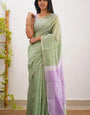Elaborate Pista Cotton Silk Saree With Piquant Blouse Piece