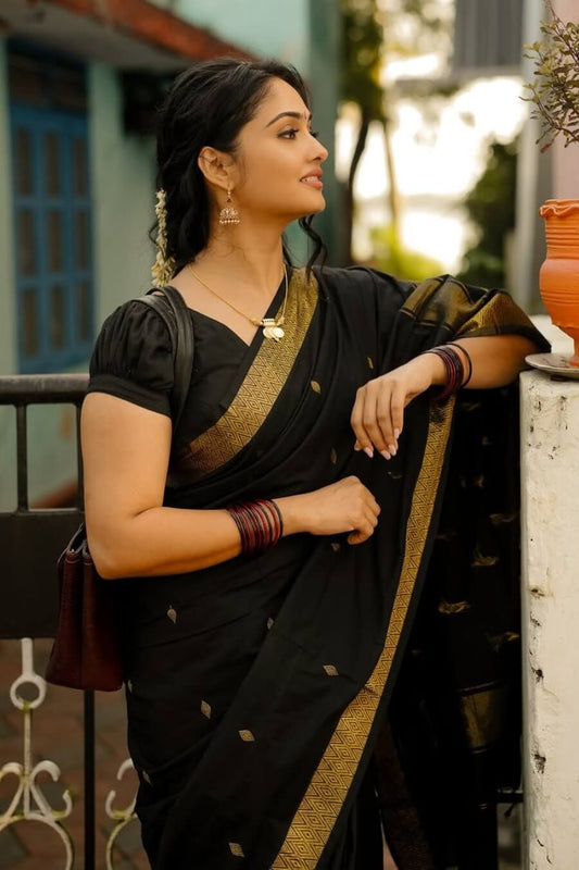 Effulgent Black Cotton Silk Saree With Glowing Blouse Piece