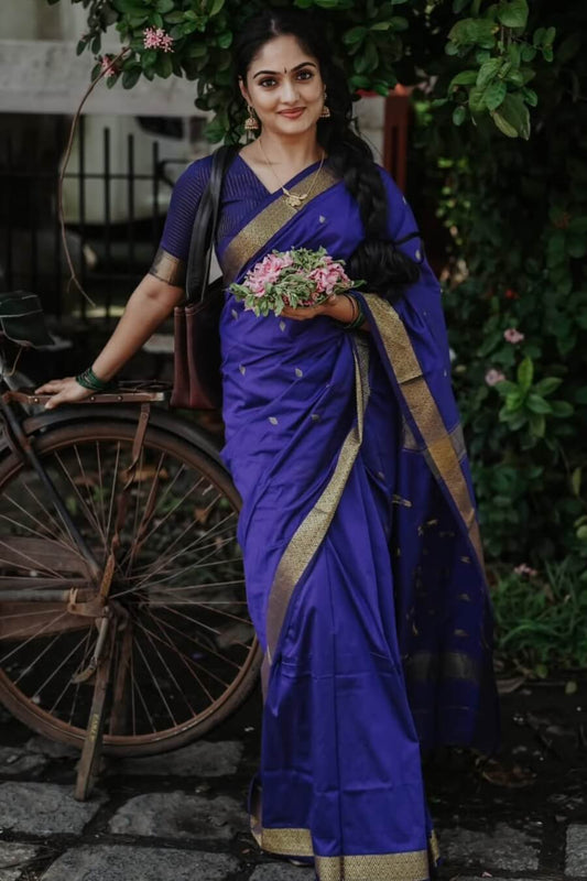 Classy Navy Blue Cotton Silk Saree With Posh Blouse Piece