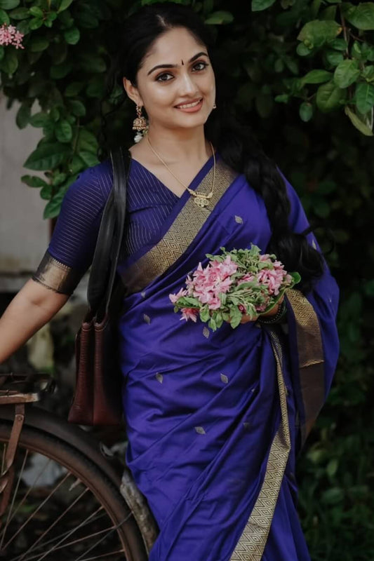 Classy Navy Blue Cotton Silk Saree With Posh Blouse Piece