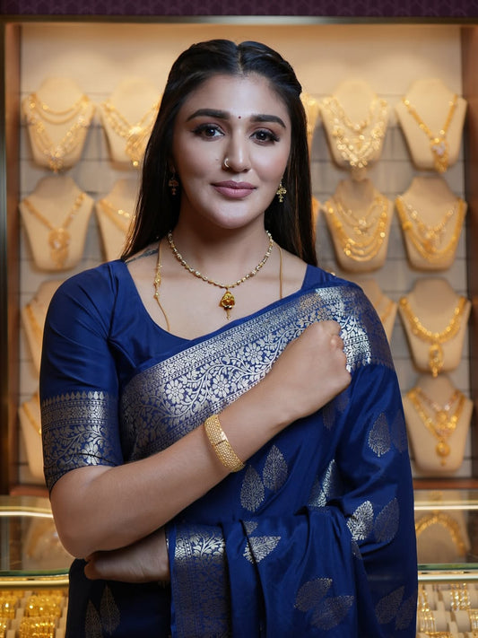 Ailurophile Navy Blue Soft Silk Saree With Rhapsodic Blouse Piece