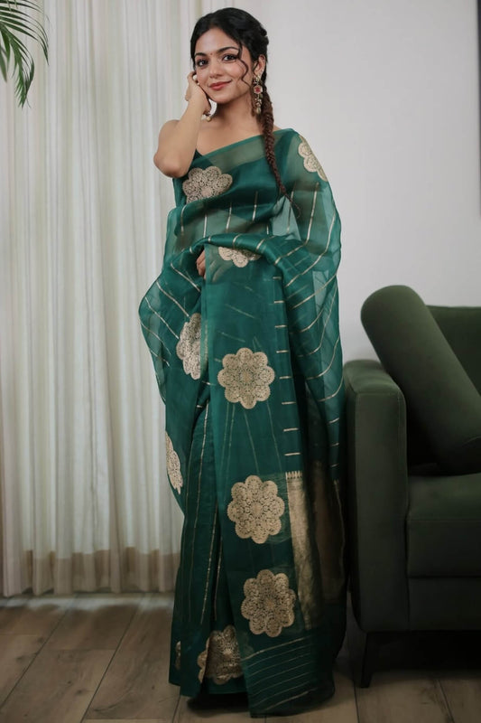 Classic Green Linen Silk Saree With Hypnotic Blouse Piece