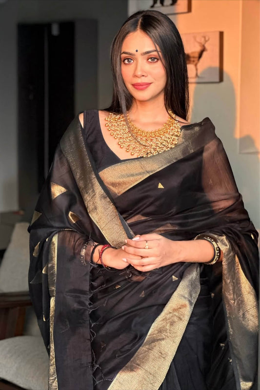 Smart Black Linen Silk Saree With Dissemble Blouse Piece
