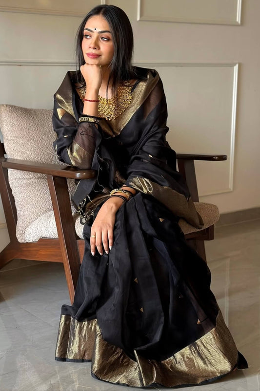 Smart Black Linen Silk Saree With Dissemble Blouse Piece