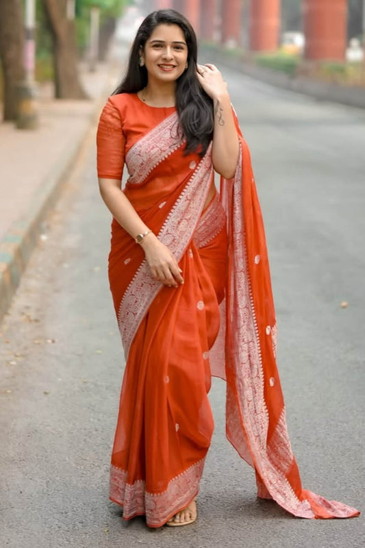 Adoring Orange Cotton Silk Saree With Charming Blouse Piece