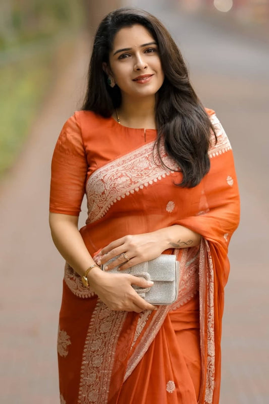 Adoring Orange Cotton Silk Saree With Charming Blouse Piece