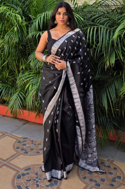 Dalliance Black Soft Silk Saree With Eclat Blouse Piece