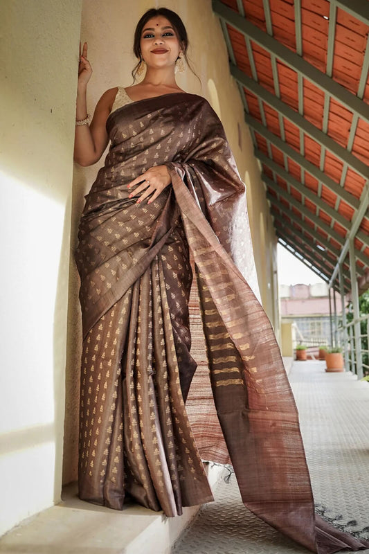 Scrupulous Brown Soft Silk Saree With Exceptional Blouse Piece