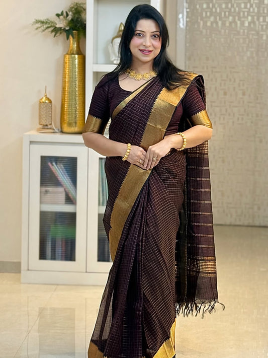 Delectable Brown Soft Silk Saree With Improbable Blouse Piece