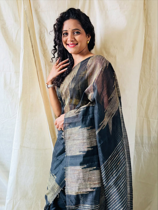 Fairytale Black Cotton Silk Saree With Fragrant Blouse Piece