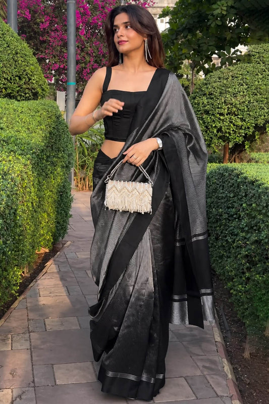 Traditional Black Soft Silk Saree With Magnetic Blouse Piece
