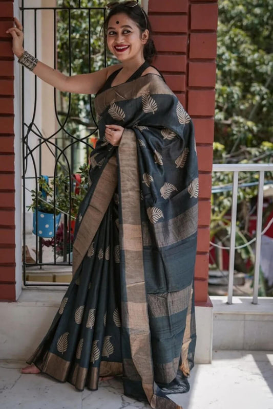 Nebula Black Linen Silk Saree With Opulent Blouse Piece