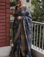 Ephemeral Grey Linen Silk Saree With Brood Blouse Piece