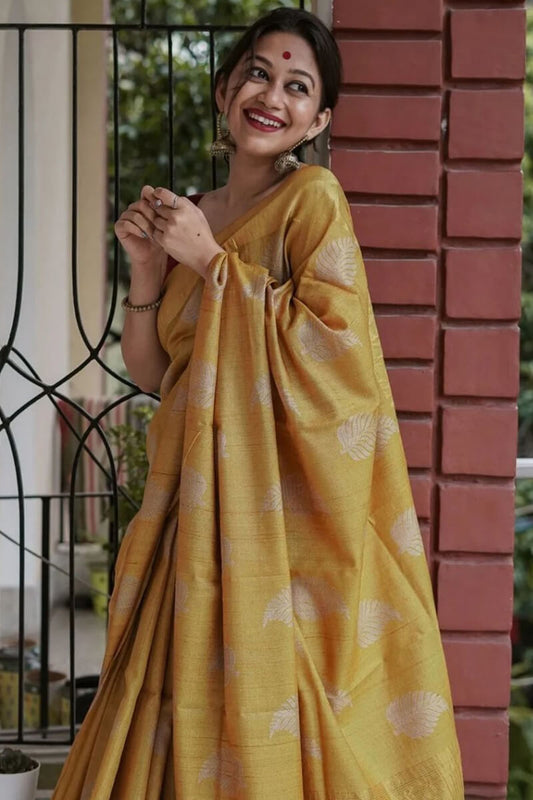 Preferable Mustard Linen Silk Saree With Ravishing Blouse Piece