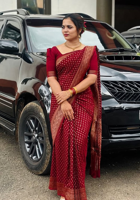 Gorgeous Wine Soft Silk Saree With Sizzling Blouse Piece