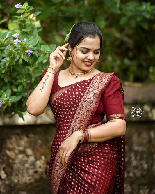 Gorgeous Wine Soft Silk Saree With Sizzling Blouse Piece