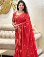 Adorning Red Soft Silk Saree With Snazzy Blouse Piece