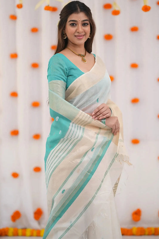 Susurrous Beige Cotton Silk Saree With Propinquity Blouse Piece