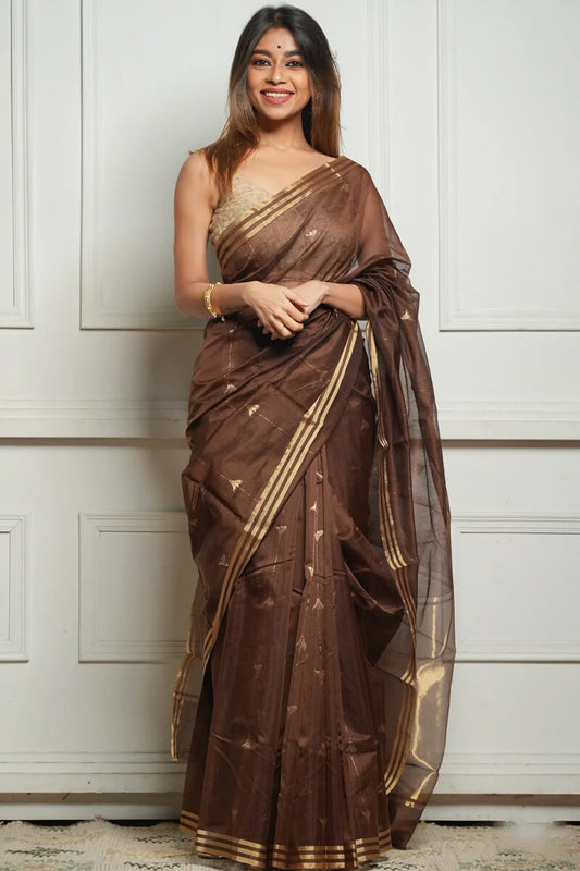 Winsome Brown Cotton Silk Saree With Comely Blouse Piece