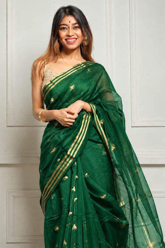 Supernal Green Cotton Silk Saree With Conflate Blouse Piece