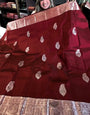 Excellent Wine Soft Banarasi Silk Saree With Sempiternal Blouse Piece