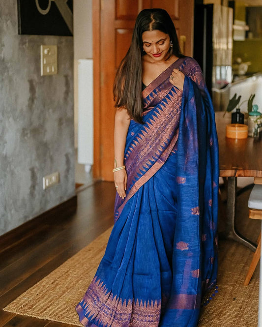 Groovy Royal Blue Cotton Silk Saree With Glorious Blouse Piece