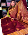 Bewitching Wine Soft Banarasi Silk Saree With Assemblage Blouse Piece