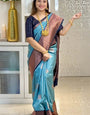 Mellifluous Firozi Soft Silk Saree With Conflate Blouse Piece
