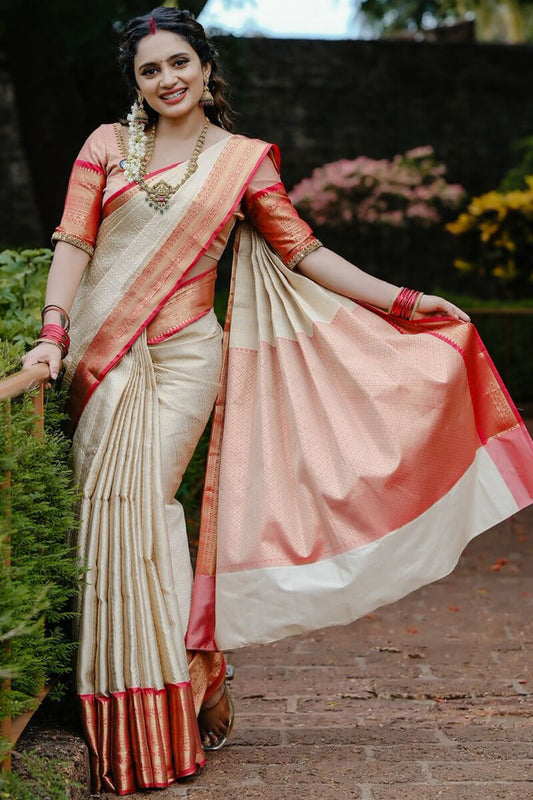 Arresting Beige Soft Silk Saree With Sophisticated Blouse Piece