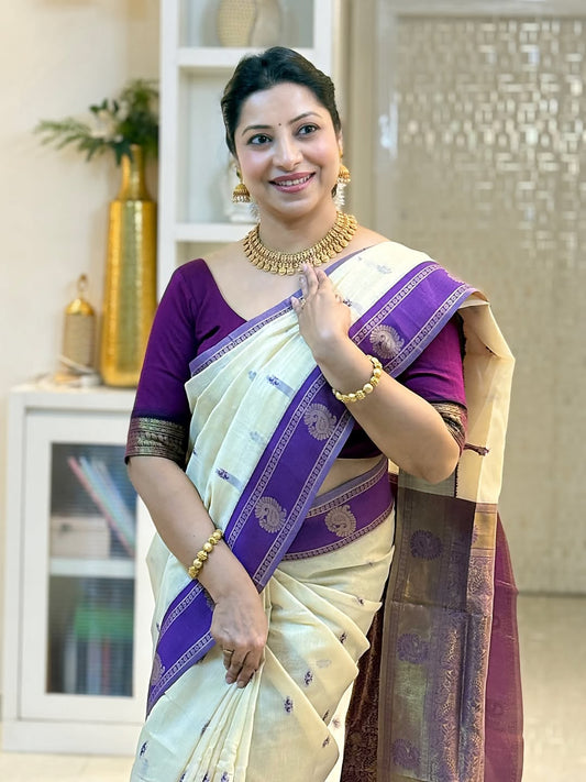 Dazzling Off White Linen Silk Saree With Scrumptious Blouse Piece