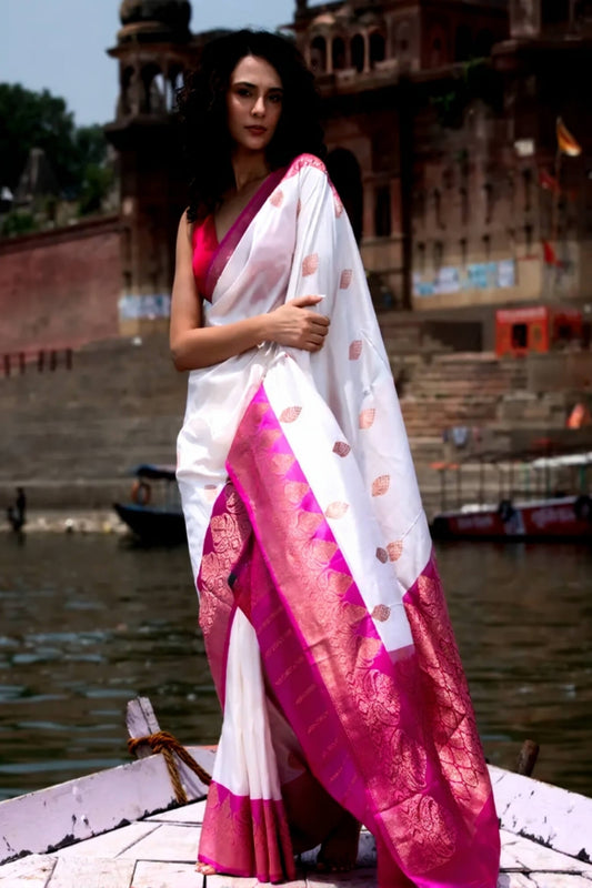 Stunning Off White Soft Silk Saree With Scrupulous Blouse Piece