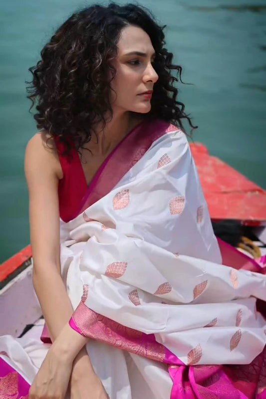 Stunning Off White Soft Silk Saree With Scrupulous Blouse Piece
