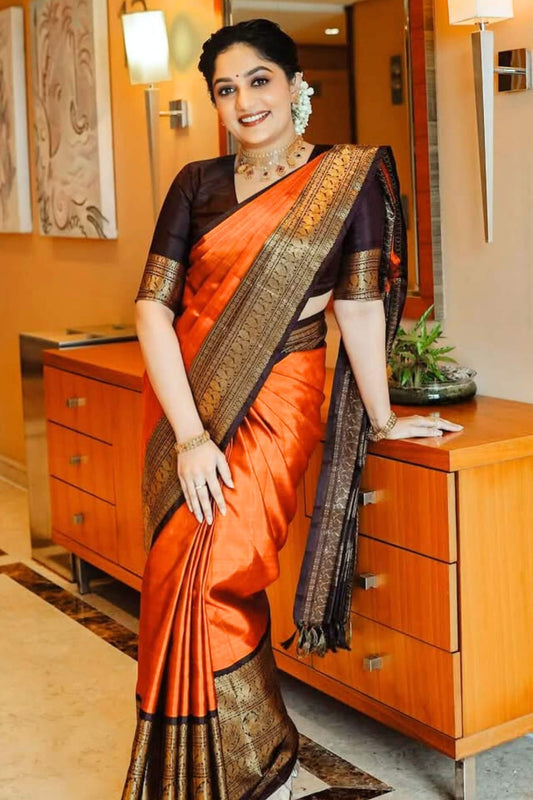 Ailurophile Orange Soft Silk Saree With Surreptitious Blouse Piece