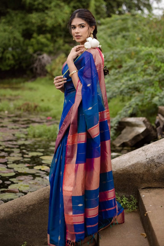 Admirable Royal Blue Linen Silk Saree With Gorgeous Blouse Piece