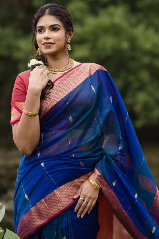 Admirable Royal Blue Linen Silk Saree With Gorgeous Blouse Piece