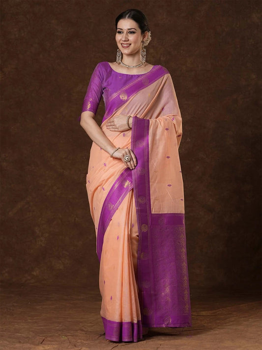 Pretty Peach Cotton Silk Saree With Alluring Blouse Piece