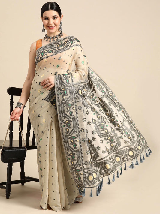 Hypnotic Beige Cotton Silk Saree With Designer Blouse Piece
