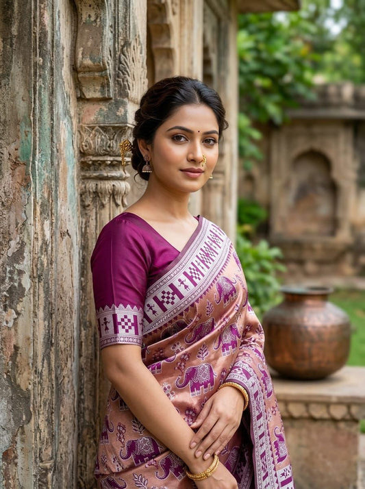 Gleaming Purple Pure Zari Weaving Banarasi Silk Saree With Flattering Blouse Piece