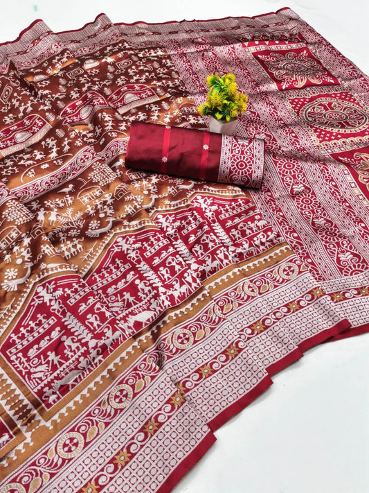 Jazzy Maroon Pure Zari Weaving Banarasi Silk Saree With Desiring Blouse Piece