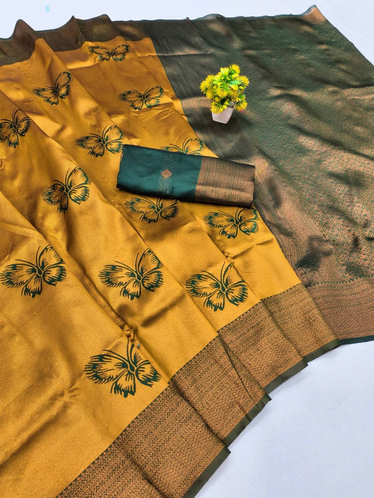 Smart Yellow Pure Zari Weaving Banarasi Silk Saree With Bucolic Blouse Piece
