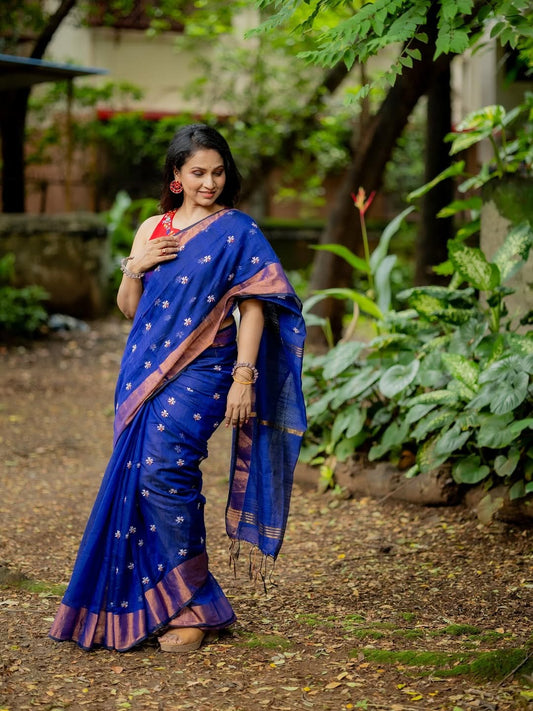 Admirable Royal Blue Cotton Silk Saree With Fancifull Blouse Piece
