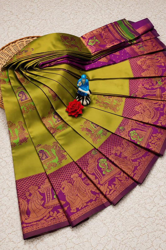 Classy Mehndi Pure Banarasi Silk Saree With Gorgeous Blouse Piece