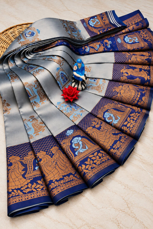Excellent Sky Pure Banarasi Silk Saree With Ornate Blouse Piece