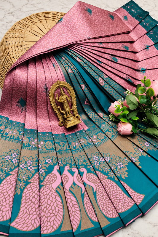 Dulcet Baby Pink Pure Banarasi Silk Saree With Dazzling Blouse Piece