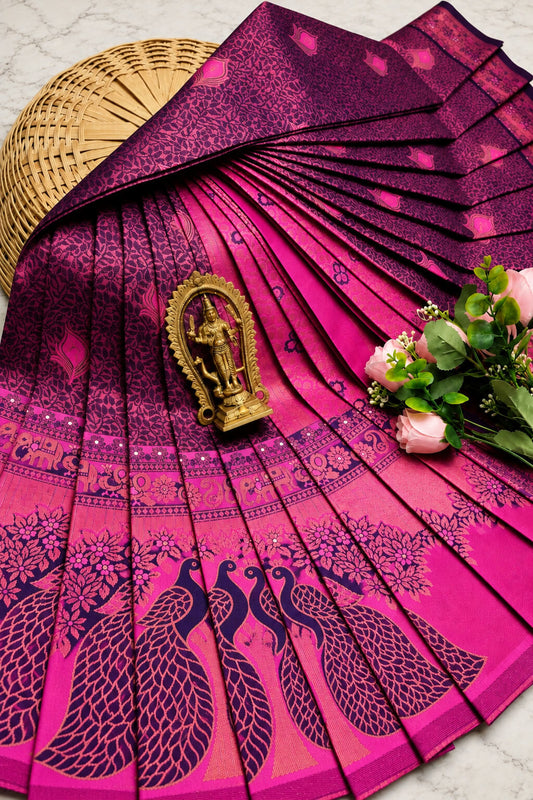 Exquisite Navy Blue Pure Banarasi Silk Saree With Verdant Blouse Piece