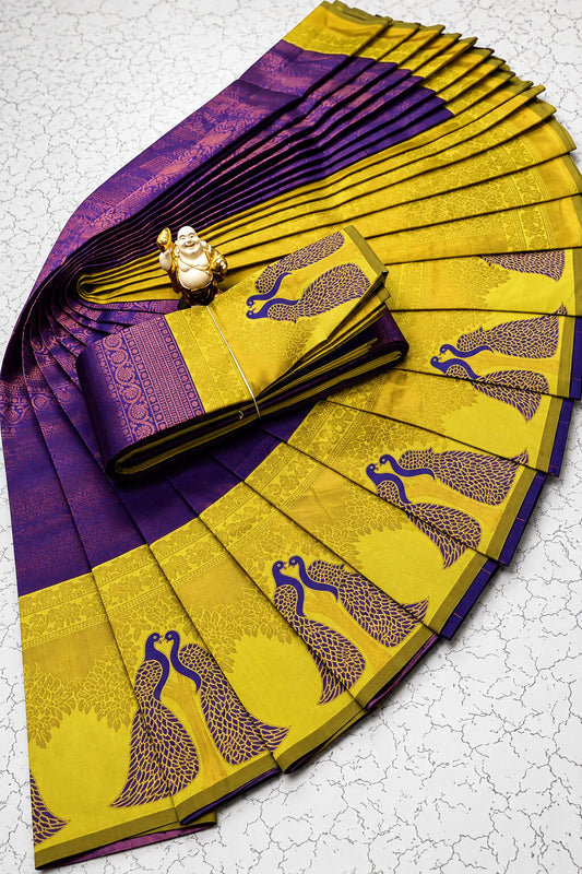 Embellished Purple Pure Banarasi Silk Saree With Girlish Blouse Piece