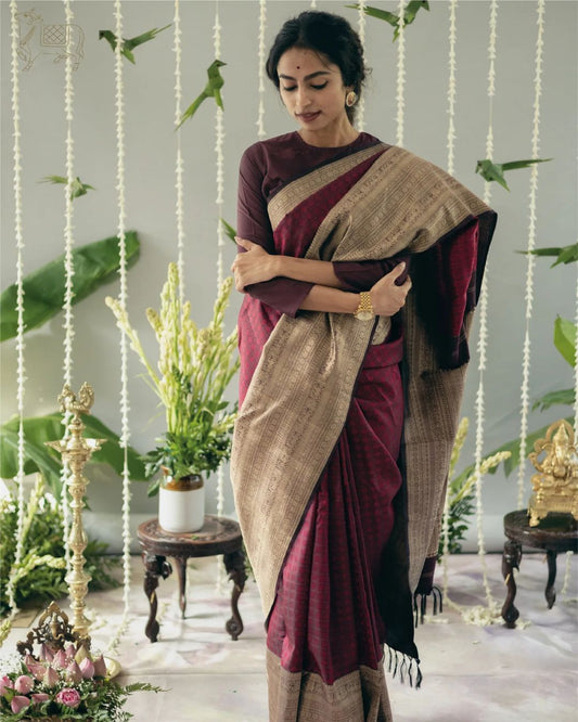 Elegant Wine Soft Silk Saree With Stunning Blouse Piece