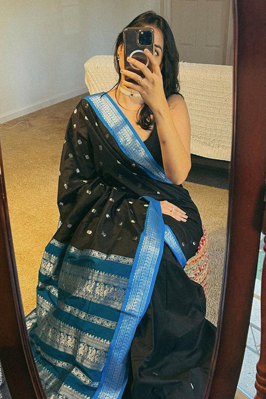 Exceptional Black Soft Silk Saree With Mesmeric Blouse Piece
