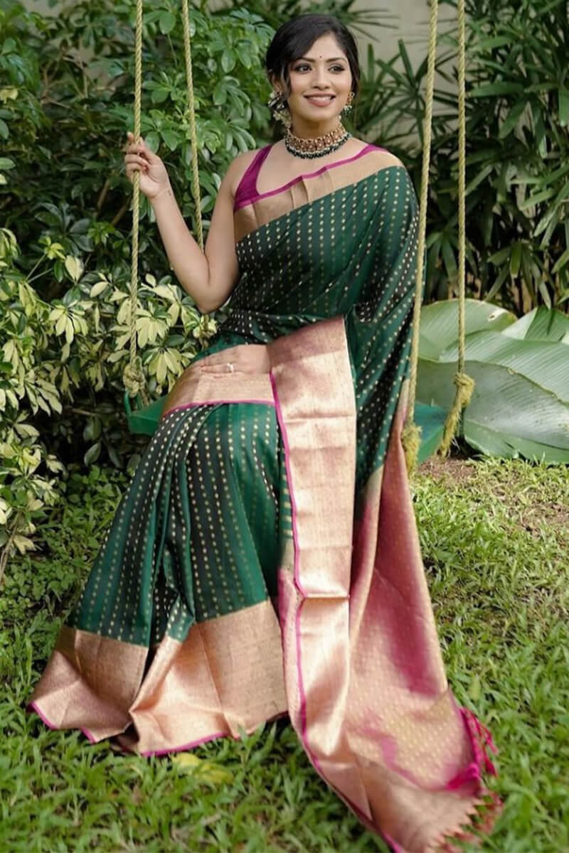 Women's Silk Blend Dark Green Woven Design Designer Saree With Blouse Piece