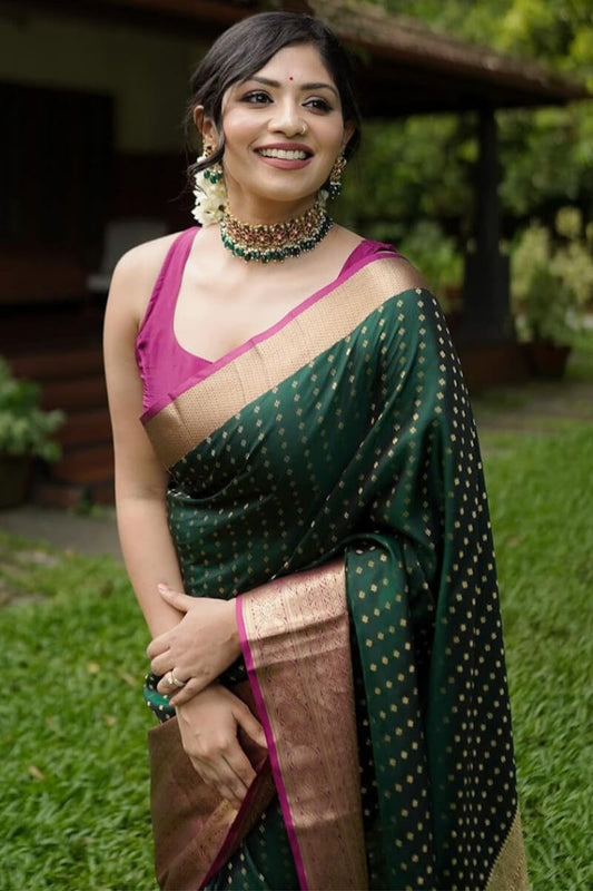 Charismatic Dark Green Soft Silk Saree With Elaborate Blouse Piece